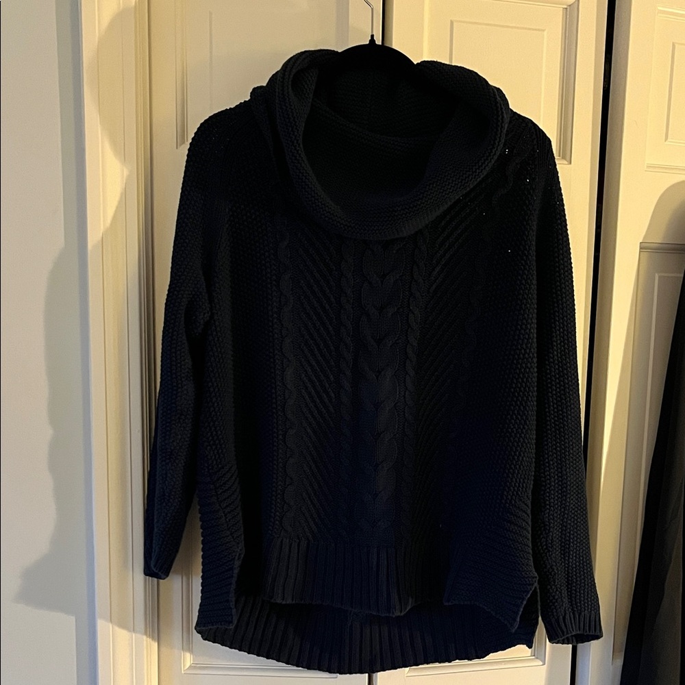 Women's CAbi Navy cowl neck Cable Knit dual hem Cotton Sweater